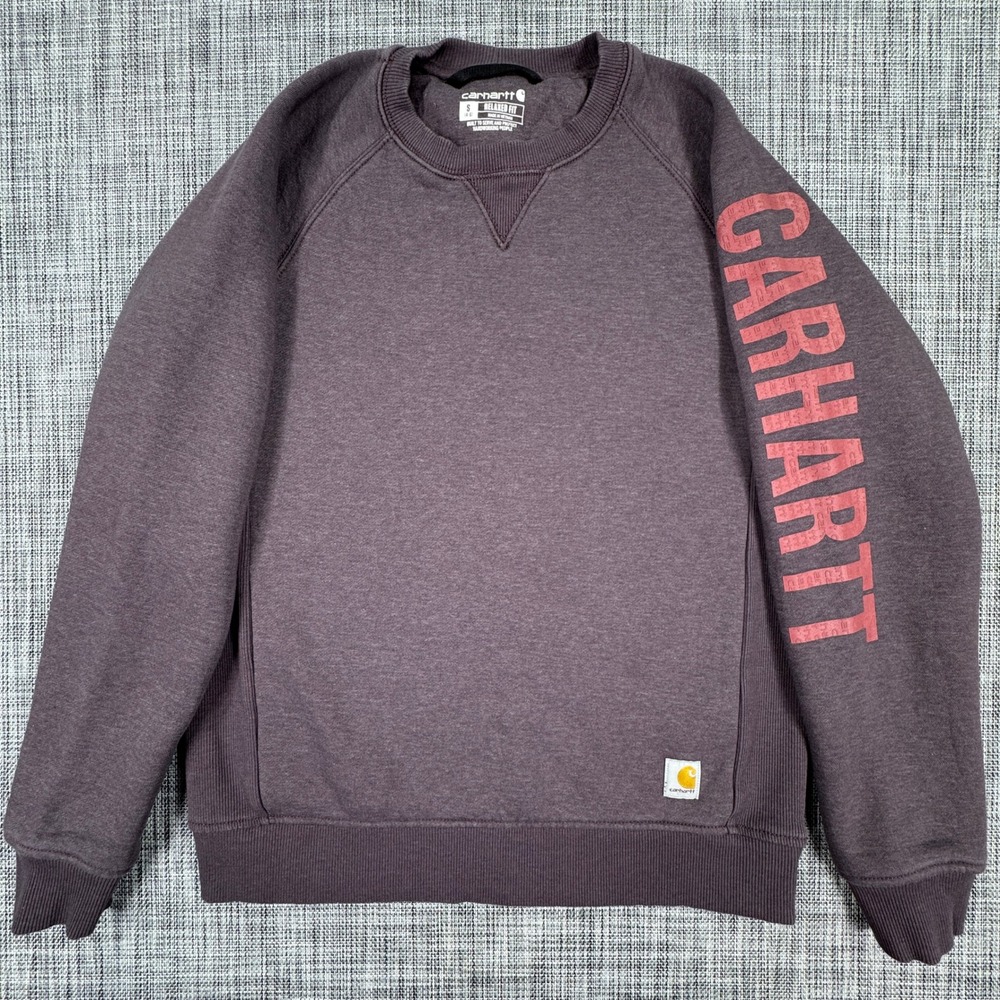 Carhartt Womens Small 4-6 Relaxed Fit Sweatshirt Plum Sleeve Logo Raglan Fleece